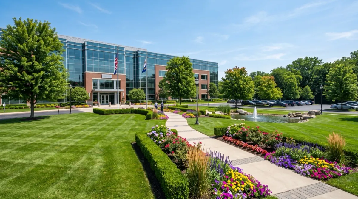 Professional landscaping crew trimming commercial hedges