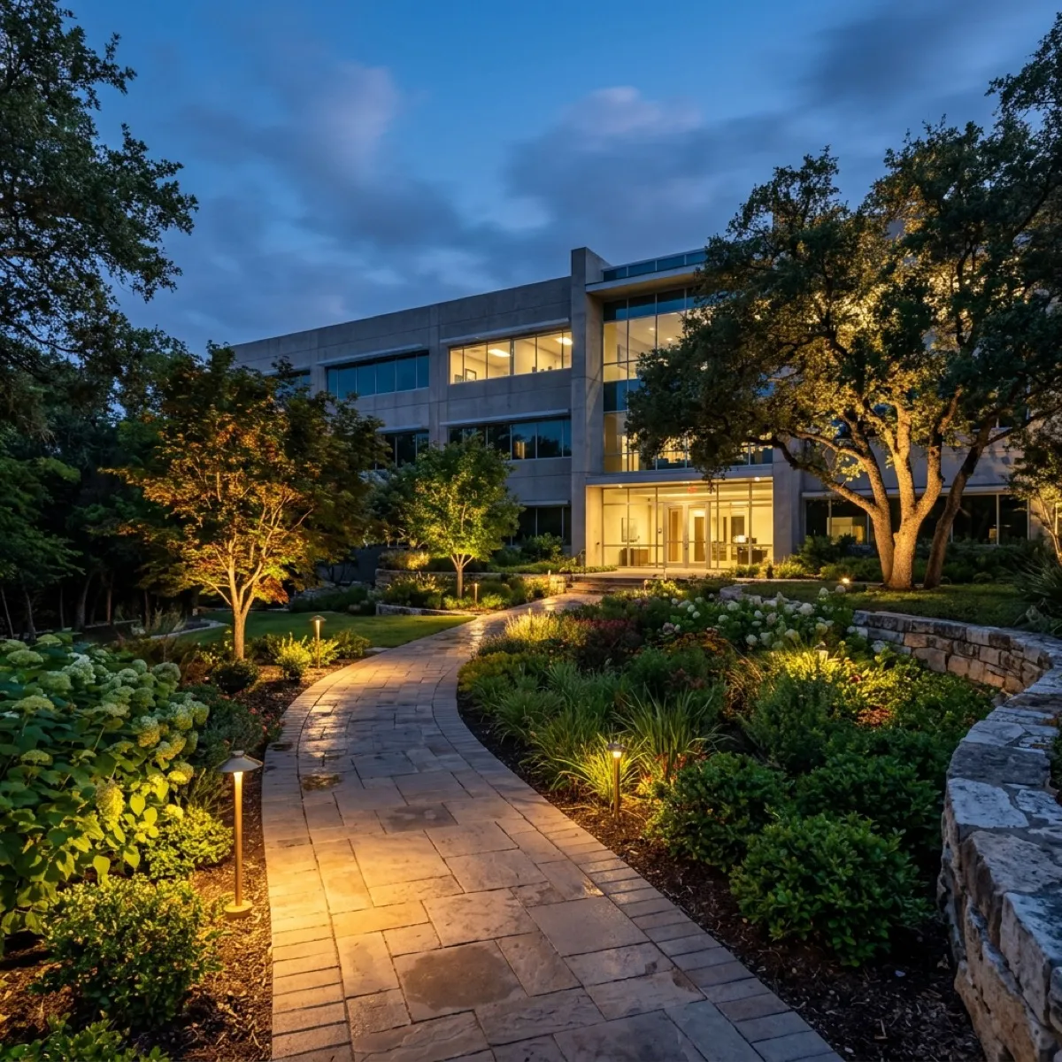 Commercial landscape lighting at night