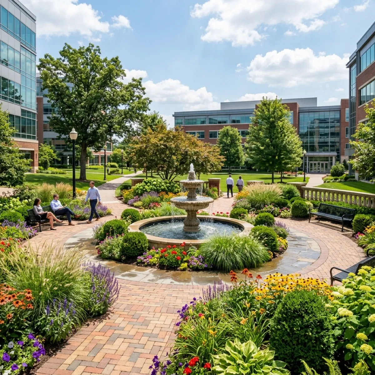 Office park courtyard with fountain and seasonal flower beds